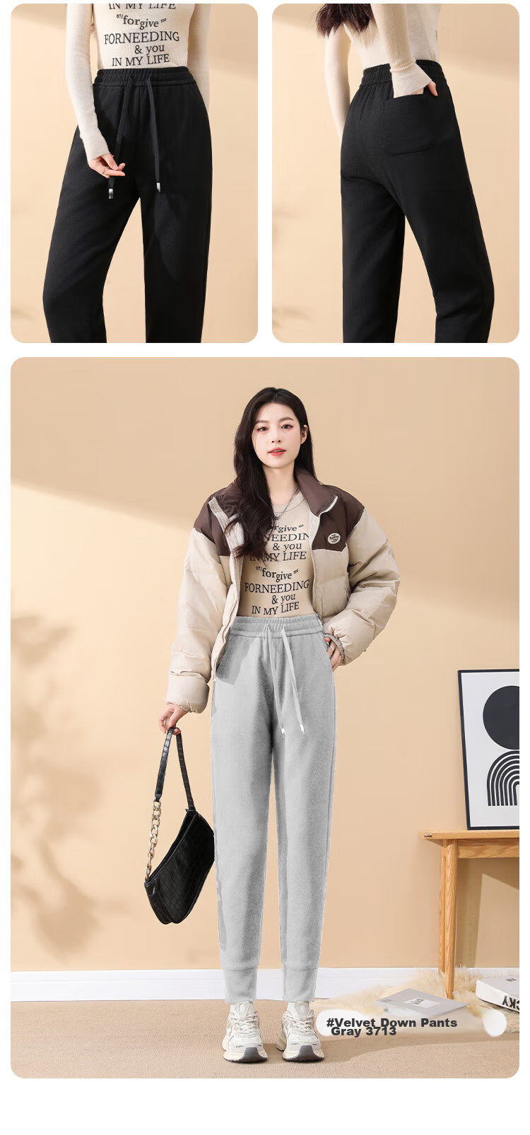 Xiongmaoxiangban Women's down Casual Pants, 2024 Autumn And Winter New Style, Fleece-Lined Thick Cotton Pants, Sports Warm Trousers, High-Waist Tapered Sweatpants 16