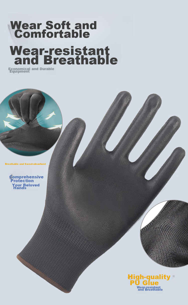 Xinyuechanghui PU Coated Gloves, 12 Pairs/pack, Nylon Work Gloves, Non-Slip Wear-Resistant Protective Work Gloves, Black L Size, PU508 8