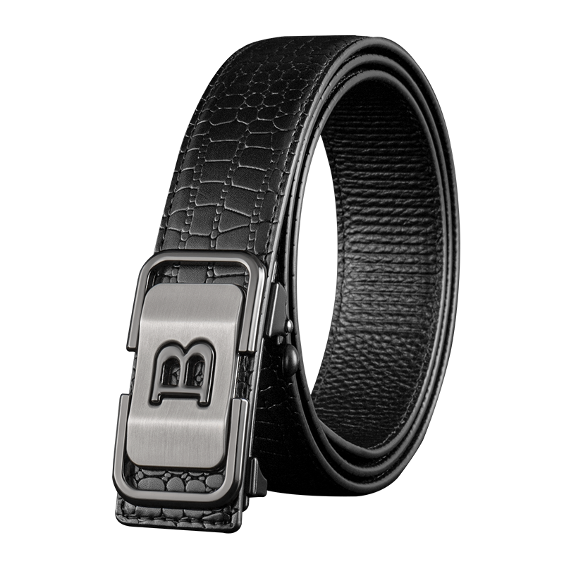 COW Men's Automatic Buckle Belt, Cowhide Gift Box, Business Casual Light Luxury Crocodile Pattern Trouser Belt Gift, 1002 Black