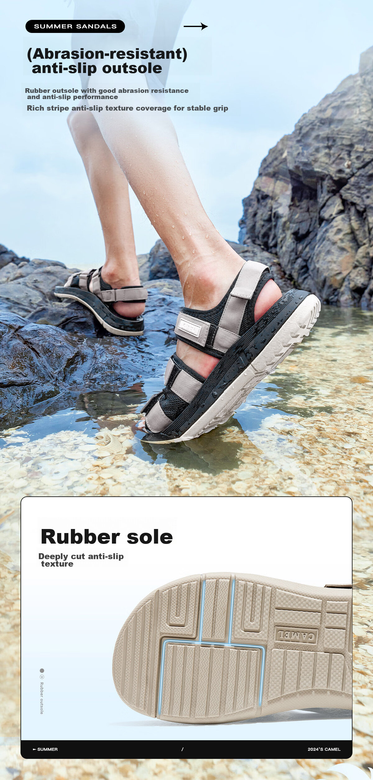 CAMEL Velcro Contrast Color Beach Sandals, Women's Sports Casual Shoes, K24B16L2010, Lavender Purple, Size 38 32
