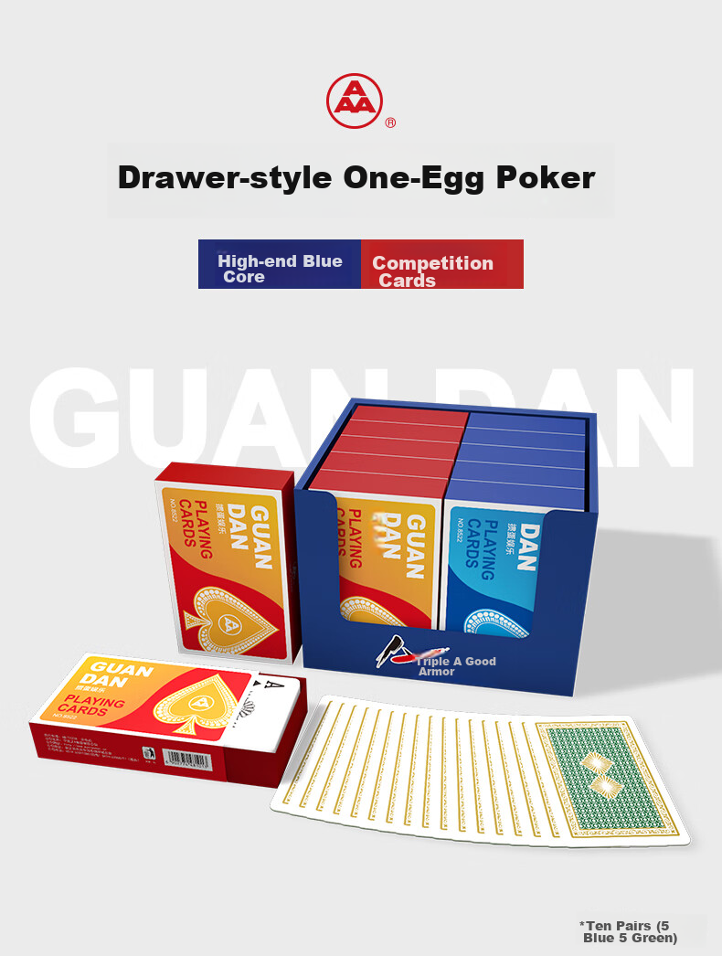 AAA Guandan Playing Cards, AAA Guandan Card Decks, Entertainment Playing Cards, Blue Core Paper Material, 8522 Two-Color Set, Ten Decks 1