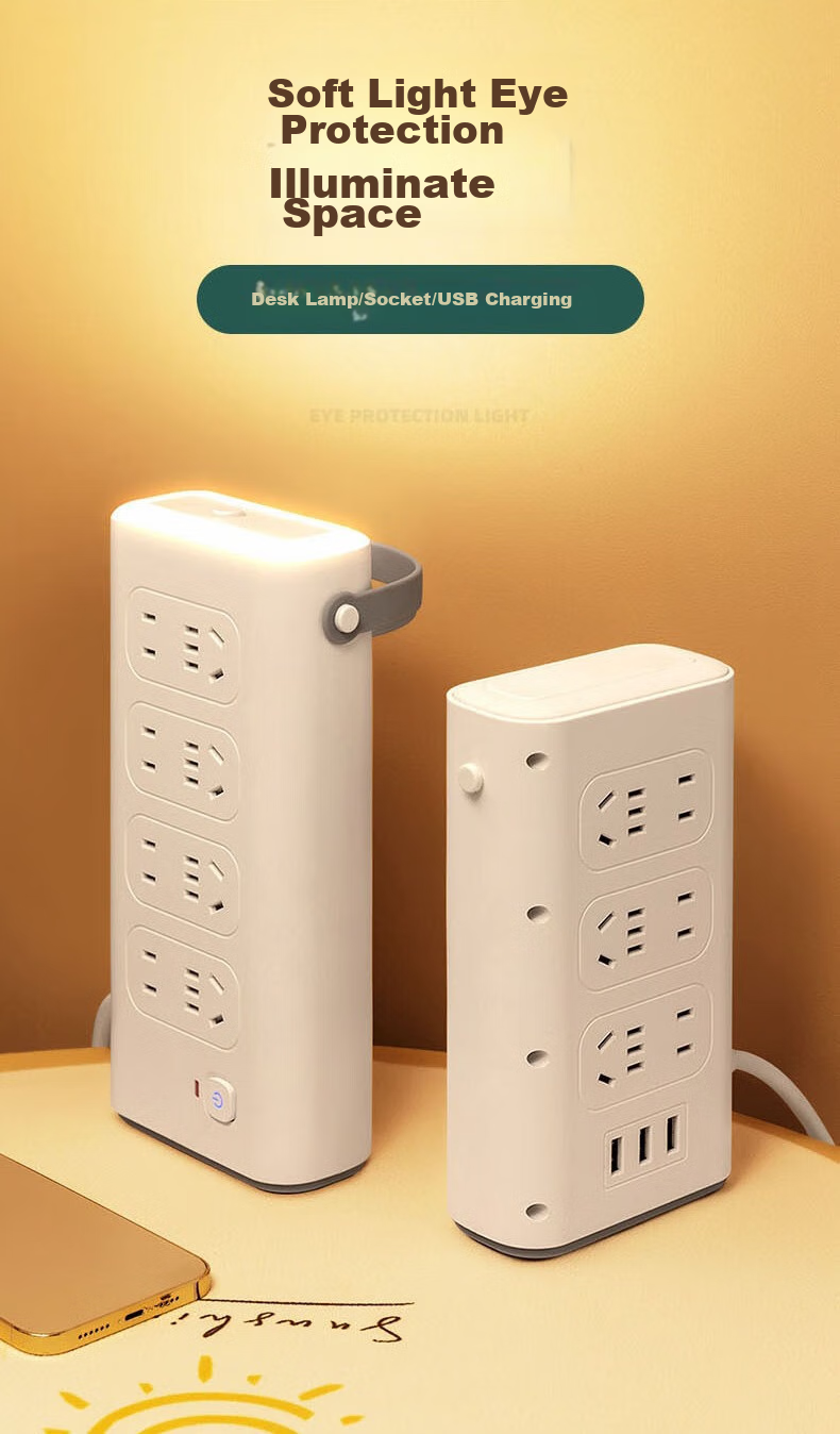 Aleleke Portable Standing Three-Tier Power Strip, 12 Outlets with Master Switch, 3 USB Ports for Charging, Night Light with Three Color Temperatures, Overload Protection, Extension Cord, 1.6m to 2m 1