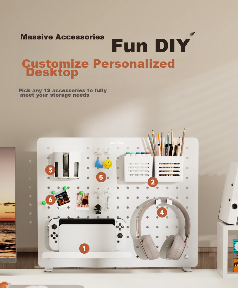 Brateck Pegboard Storage Rack, No Drilling Required, Desktop Clip-On, Can Be Mounted on Wall, Gaming Room Office Desk Creative Hooks Accessories 5