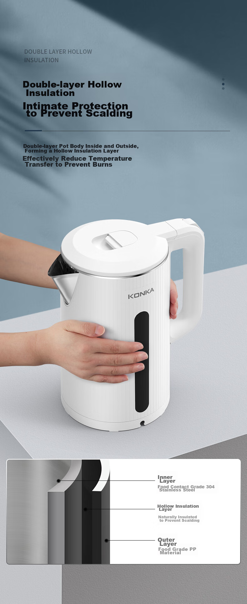 KONKA Electric Kettle, 304 Stainless Steel Double-Layer Anti-Scalding, 2.2L Large Capacity, Household Insulated Water Boiler, Hot Water Kettle, KDSH-2233 9