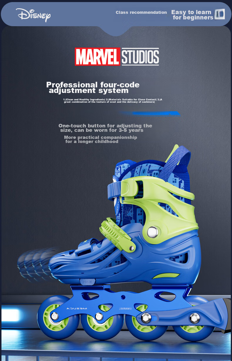Disney Roller Skates for Children, Professional Girls' And Boys' Beginner Inline Skates, Ice Skating Shoes, Dry Ice Straight-Wheel Roller Skates, Spider-Man Set M 16