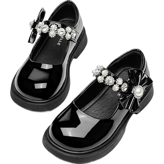Belle Children's Shoes [Exclusive Style], Girls' Black Leather Shoes, Spring And Autumn Performance Flats, Back-To Student Shoes, Princess Shoes, Black, Size 33