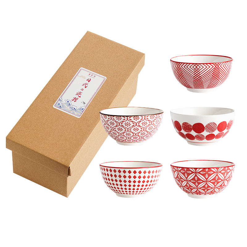 Maxcook Ceramic Bowl Japanese Style 4.5-Inch Ceramic Soup And Rice Bowl Set of 5 Red MCTC3644