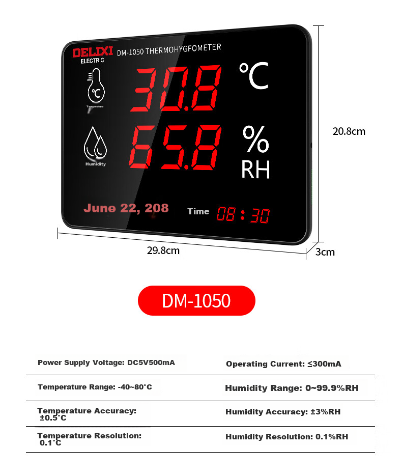 DELIXI ELECTRIC Industrial-Grade Indoor Temperature And Humidity Meter, Large Screen Electronic High-Precision Wall-Mounted Temperature And Humidity Display, Home Alarm 12
