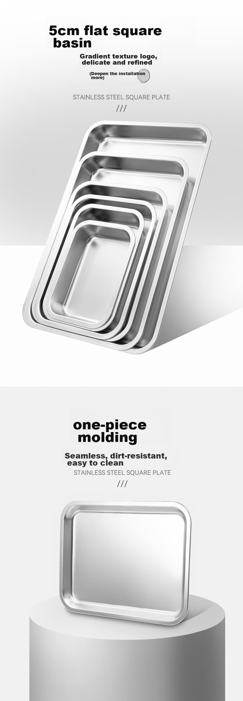 Jinyaoshi Stainless Steel Flat Bottom Deep Square Basin Rectangular Tray Steaming Plate, Serving Dish, Dumpling Plate, Fruit Plate GK-FP6040 5