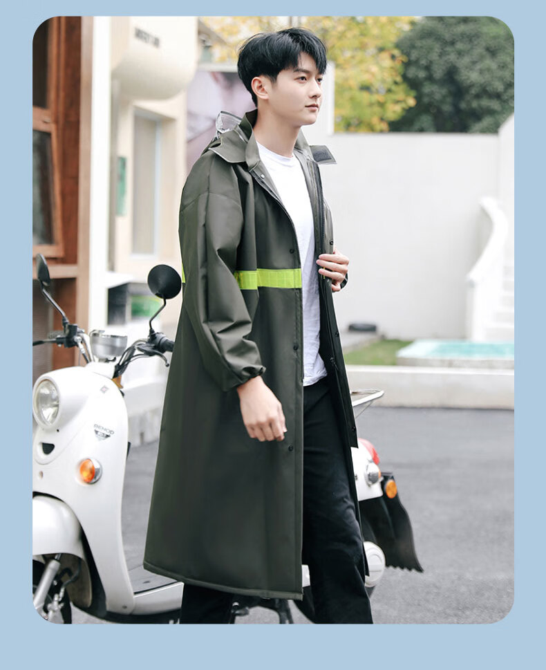 Leyoubaiyi Long Trench Coat One-Piece Raincoat, Army Green, Adult Men And Women Reflective Waterproof Flood Prevention Rain Poncho Constructio 15