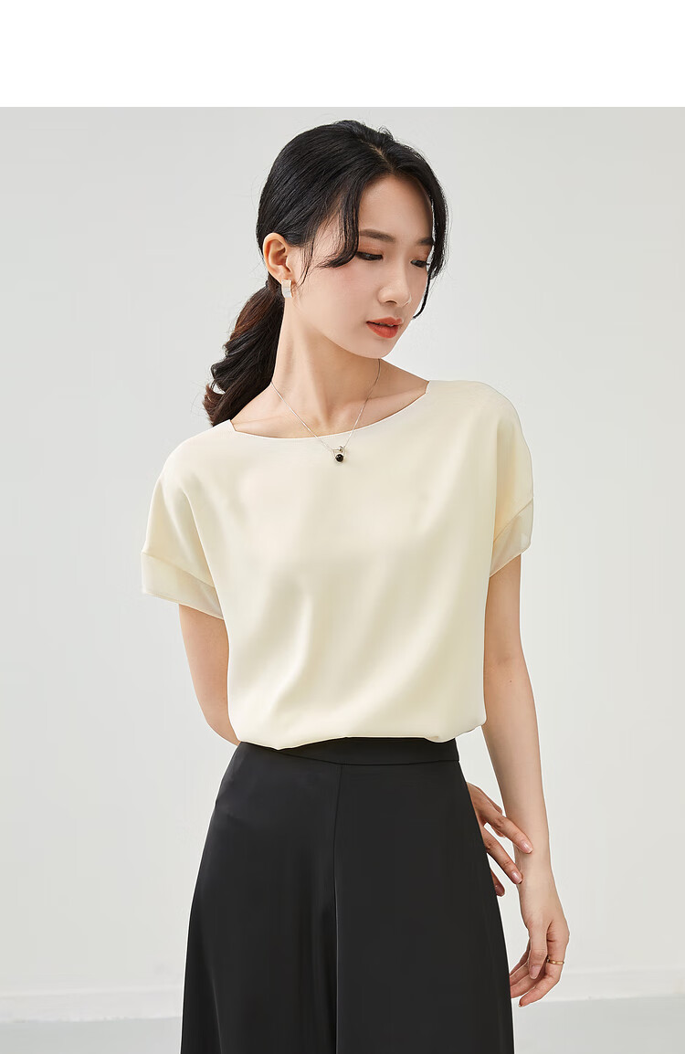 Sentubila Spliced Short-Sleeve Chiffon Blouse for Women, Slimming Tummy-Covering Top, Summer Lightweight Casual T-Shirt, Light Blue, S 21