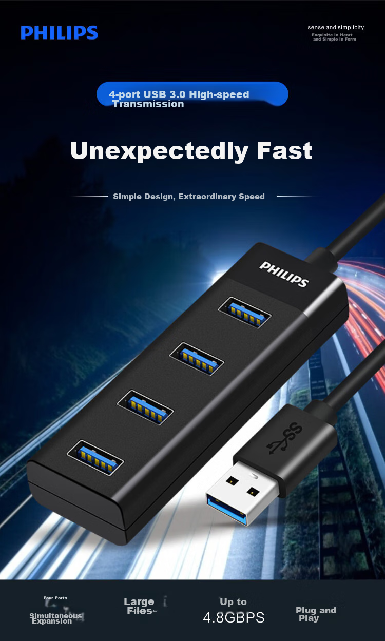 PHILIPS USB3.0 Hub Expansion Dock High-Speed 4-Port Hub Splitter Adapter for Laptops And Desktop Computers with Power Supply Port, 1.5 Meters 1