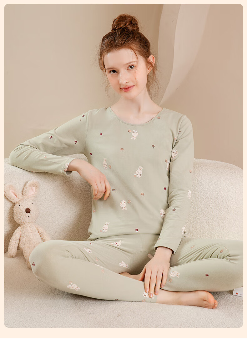 Fenteng Women's Thermal Underwear Pure Cotton 2025 New Style [Light Warm Underwear] Round Neck Small Floral Autumn Top and Bottom Set 29