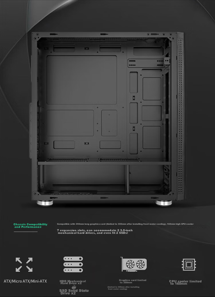 Huntkey GS500C Black Case (Side Panel Window/ATX Motherboard Support/Wide Gaming PC Case/Long Graphics Card Support/Black Cable Management/Gold-Stamped Feet) 12