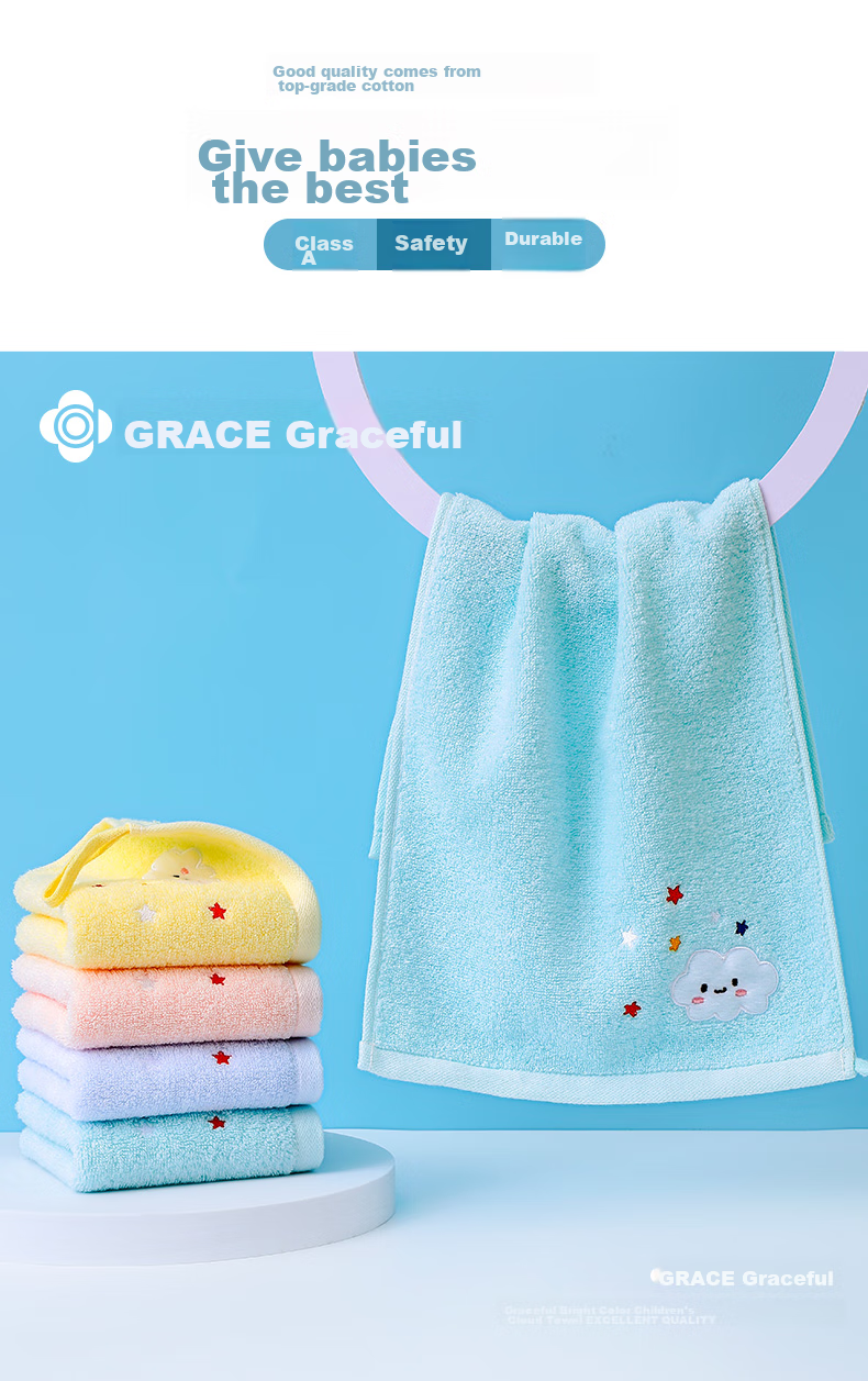 Grace 7A Grade Children's Pure Cotton Antibacterial Square Towel, 3-Pack, Baby Pure Cotton Drool Bib, Face Towel, 34*34cm 5