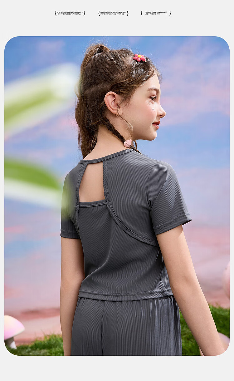 ASK JUNIOR Girls' Summer Sportswear Set: Thin Short T-Shirt + Wide-Leg Long Pants Two-Piece Set, Gray, Size 170 9
