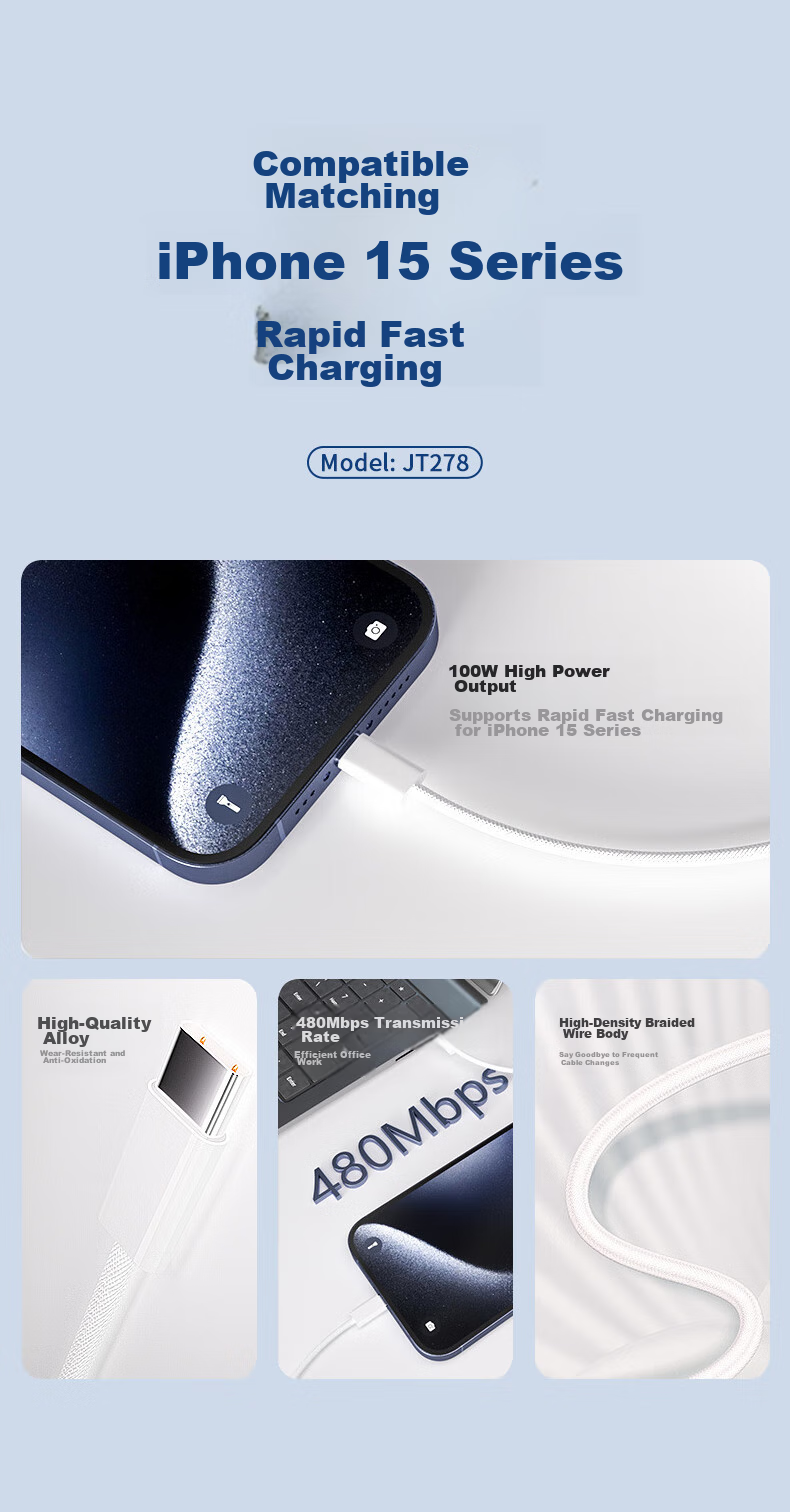 Great Wall Apple Data Cable, PD100W/60W Braided Type-C Fast Charging Cord, Suitable for Huawei, Apple 16 Phones, Huawei Tablets, IPad Laptops, 2M White 8