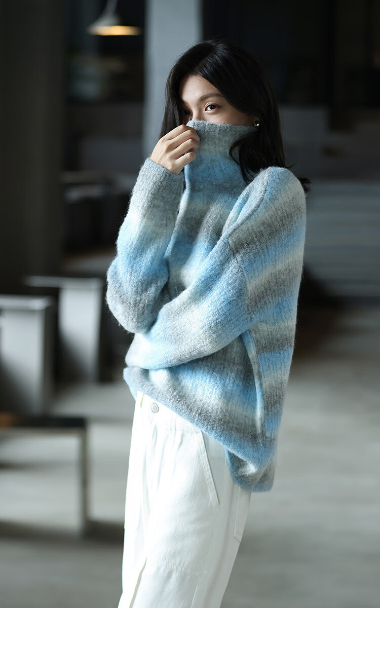 Dme [Sea Salt Layered Knit Sweater] Winter Style Artistic Healing Gray-Blue Gradient Soft Sweater for Women, Blue-Gray, S 9