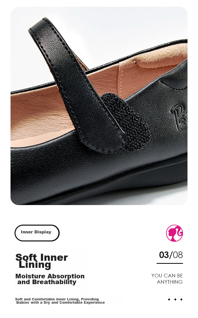 Barbie Girls' Spring And Autumn Single-Lined Black Leather Shoes, Classic School Performance Leather Shoes for Students DA6563 Black Size 29 6