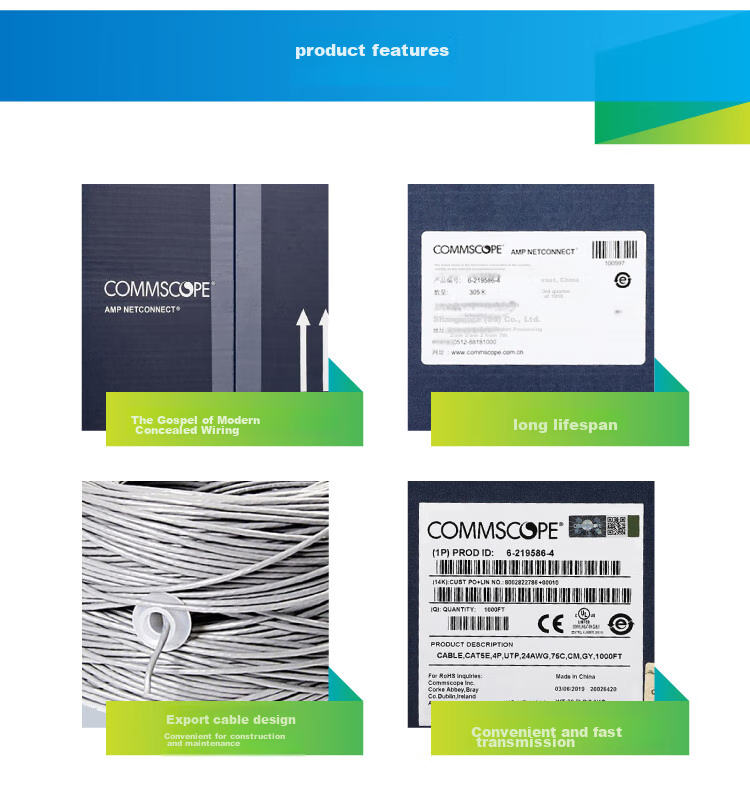 COMMSCOPE Cat5e Unshielded Twisted Pair Cable, 305 Meters, CAT5E Network Cable, CM Flame-Retardant, 24AWG Blue Box, 6-219586 10