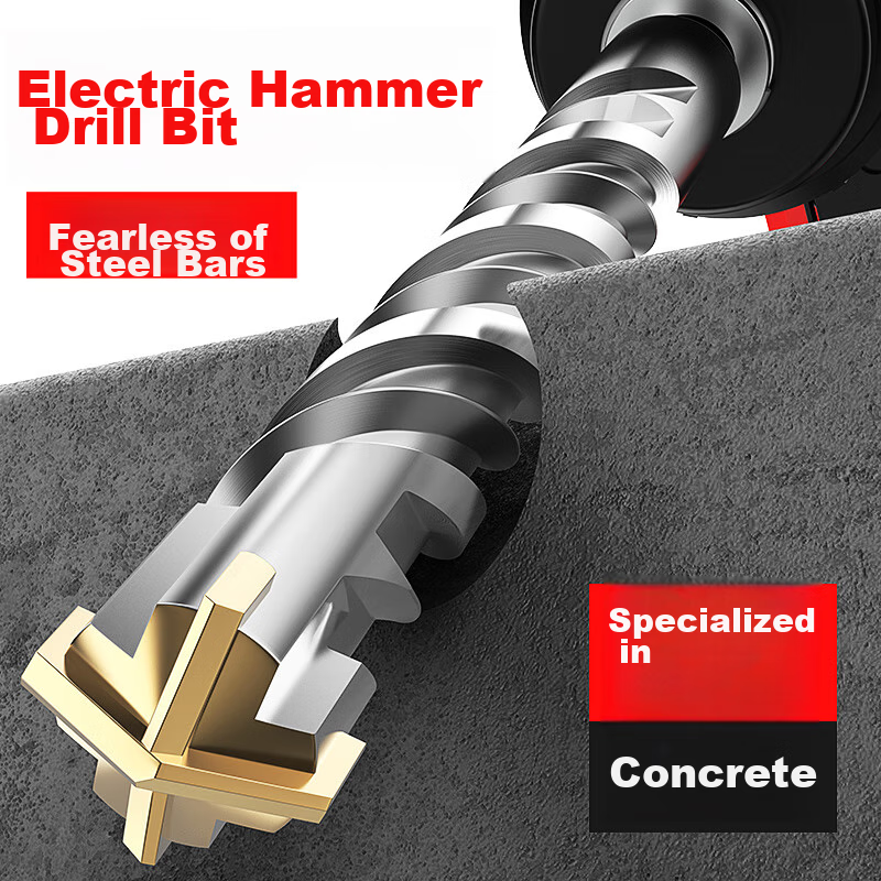 HUHAO Electric Hammer Drill Bit, Cross Impact Drill Bit, Tungsten Steel Alloy Wall-Piercing Hole Drilling, Concrete-Specific Round Shank Square Shank Rotary Head