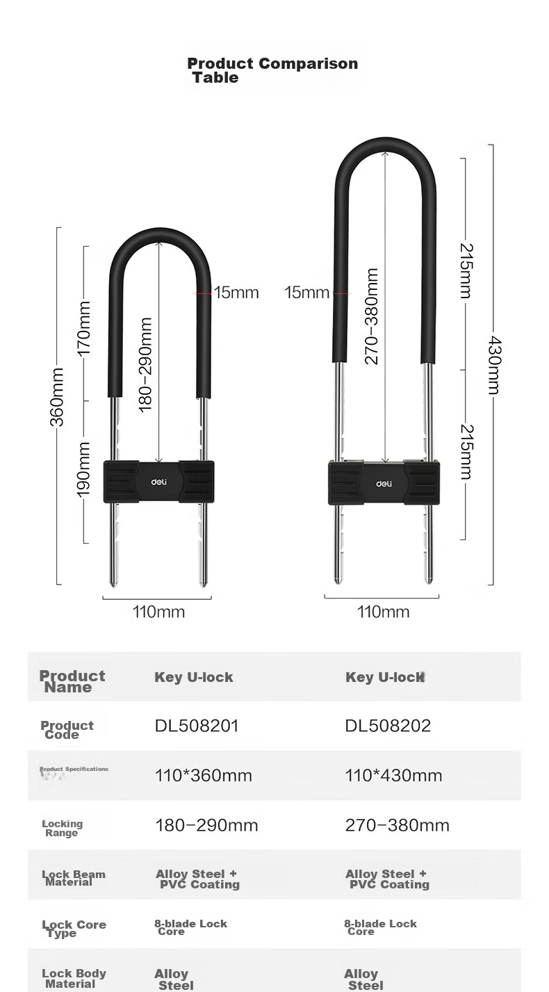 Deli U-Shaped Lock, Padlock, Glass Door Lock, Anti-Theft B-Grade Lock Cylinder, Electric Bike Lock, Cut-Resistant, Tamper-Proof, 290-400mm 2
