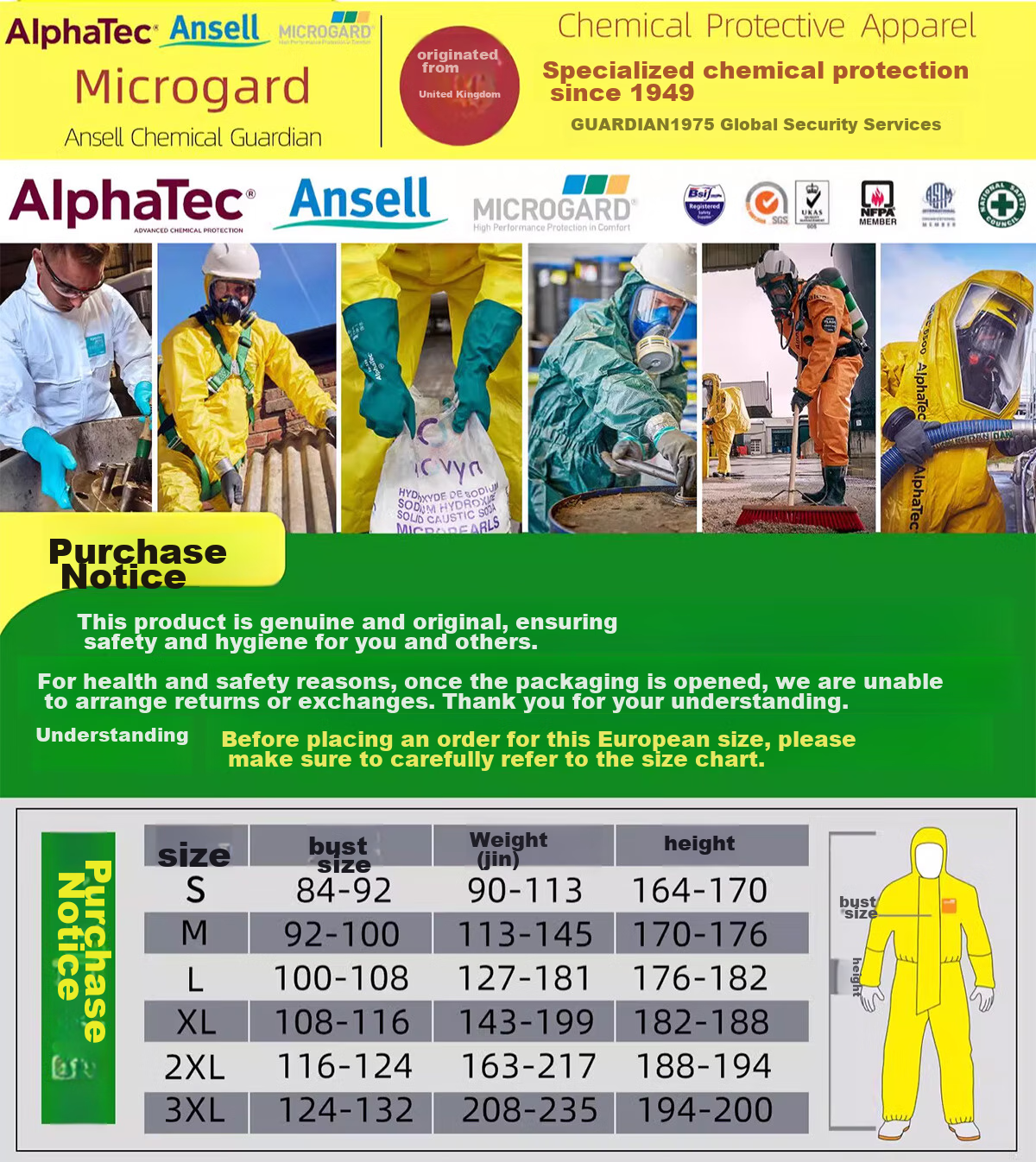 ALPHATEC 4000 Heavy-Duty Chemical Protective Suit, Acid And Alkali Resistant, Anti-Toxic And Liquid Resistant, AN Hazardous Chemicals, 4000 Full-Body Protective Suit, Size 3XL 1