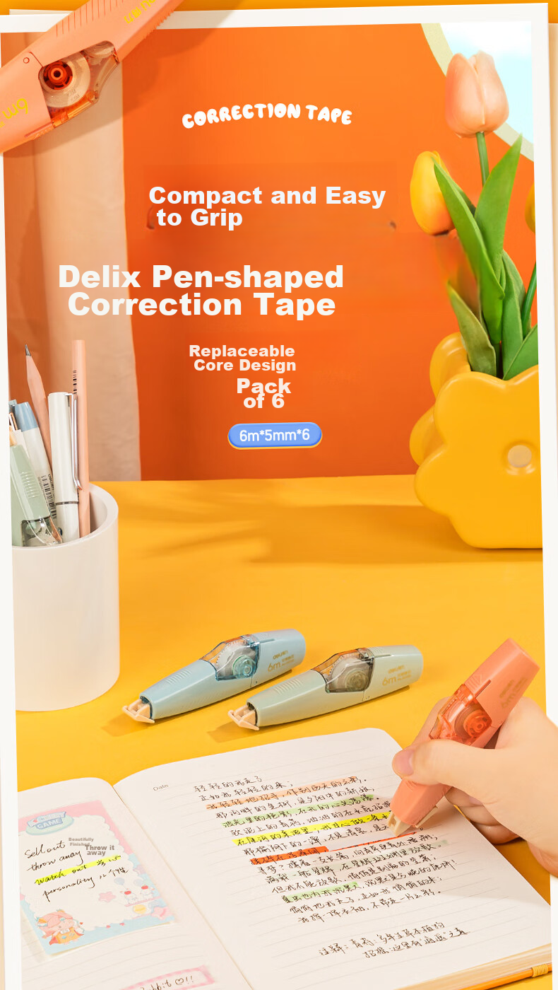 Deli [Lowest Price Online] 36m Pen-Style Correction Tape Refills, Large Capacity Refillable, Student Back-To Stationery Correction Tape, Pack of 6, Correction Tape 1