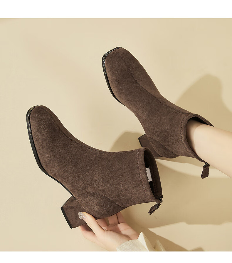 DAPHNE Suede Ankle Boots Women Chunky Mid Heels Slim Winter Fleece French Style Versatile Khaki Fleece Lined Boots Size 37 7