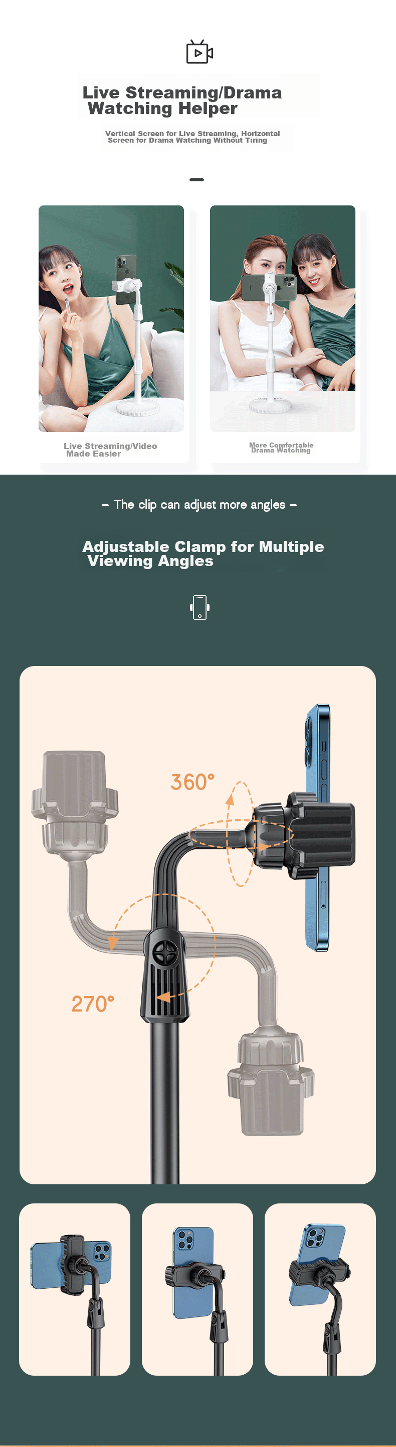 MAIKUQI Phone Stand, Desktop Selfie Adjustable Height, Lazy Live Streaming Support, Online Class Viewing, TikTok Short Video Recording, Overhead Shooting Support Stand, Classic Black B11 2