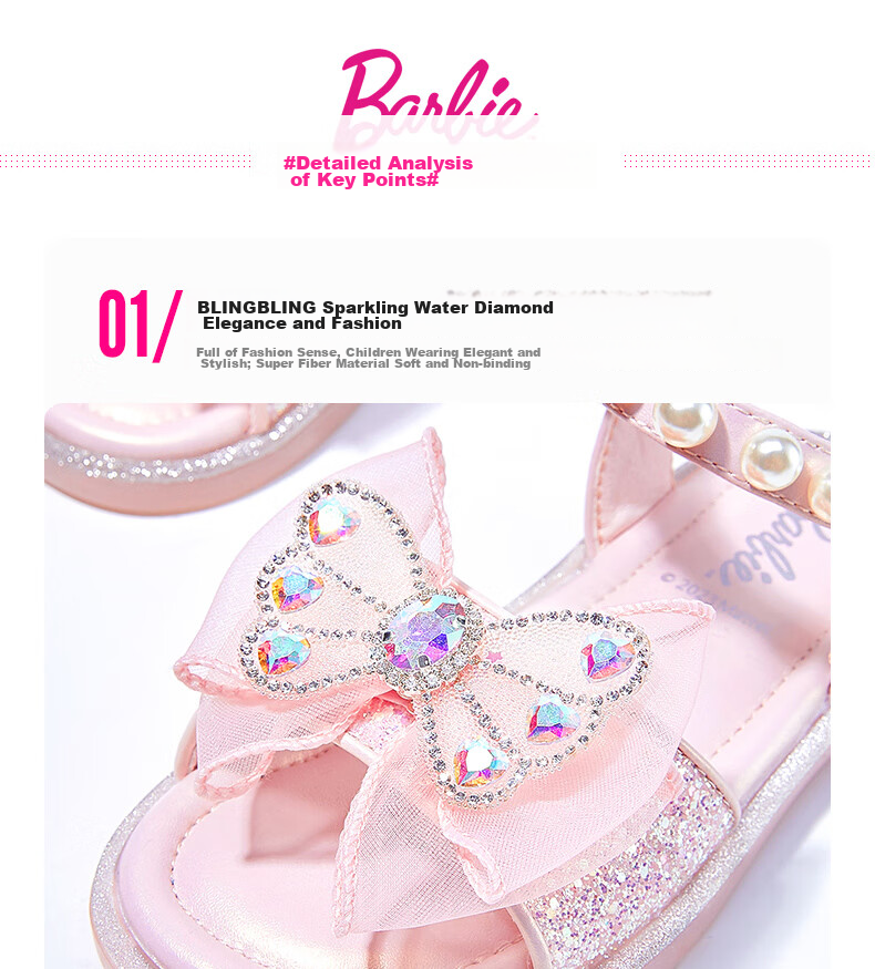 Barbie Children's Shoes, Summer Kids' Sandals, Girls' Butterfly Bow Open-Toe Sandals, Crystal Shoes DA5939, Light Purple, Size 28 9