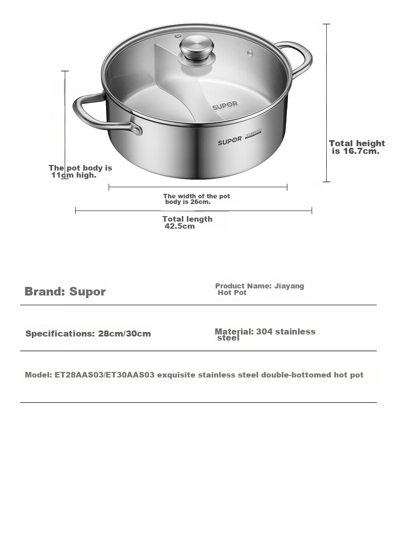 SUPOR Exquisite Stainless Steel Base Clear Soup Hot Pot 28cm, Compatible with Induction Cooker, Hot Pot Utensil ET28AAS05 16