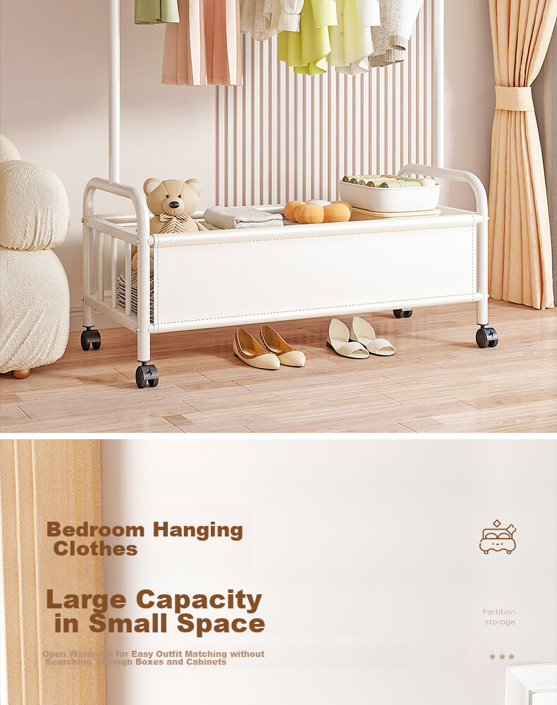 Milin Wheeled Coat Rack, Movable Bedroom Floor-Standing Modern Minimalist Home Storage Basket Coat Hanger, White Basket 60cm 14