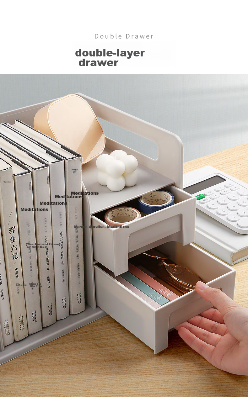 Jianfan Desktop Bookshelf Storage Box, Creative Bookend with Pen Holder, Office Desk Organizer, Multifunctional Drawer File Folder Storage Rack, Book Holder, Beige 7