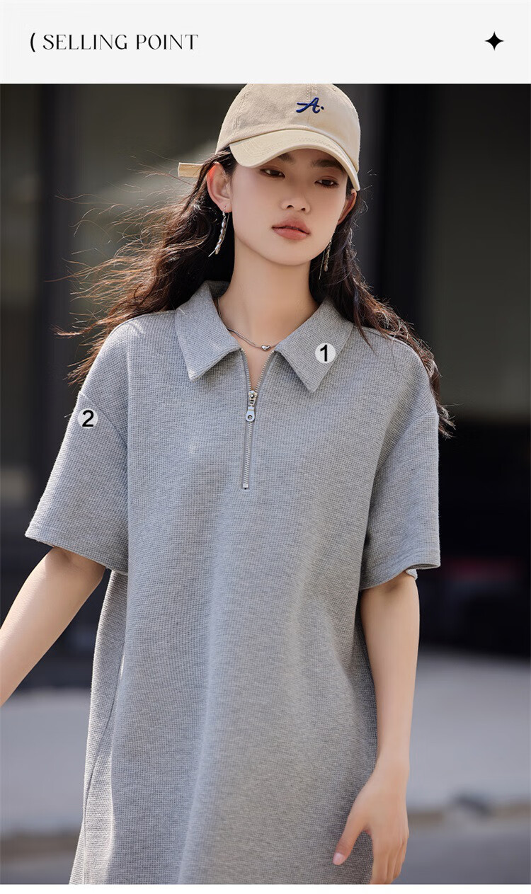 Dme [Waffle Skirt] Summer Polo Collar Zipper Short-Sleeve Waffle Dress 4