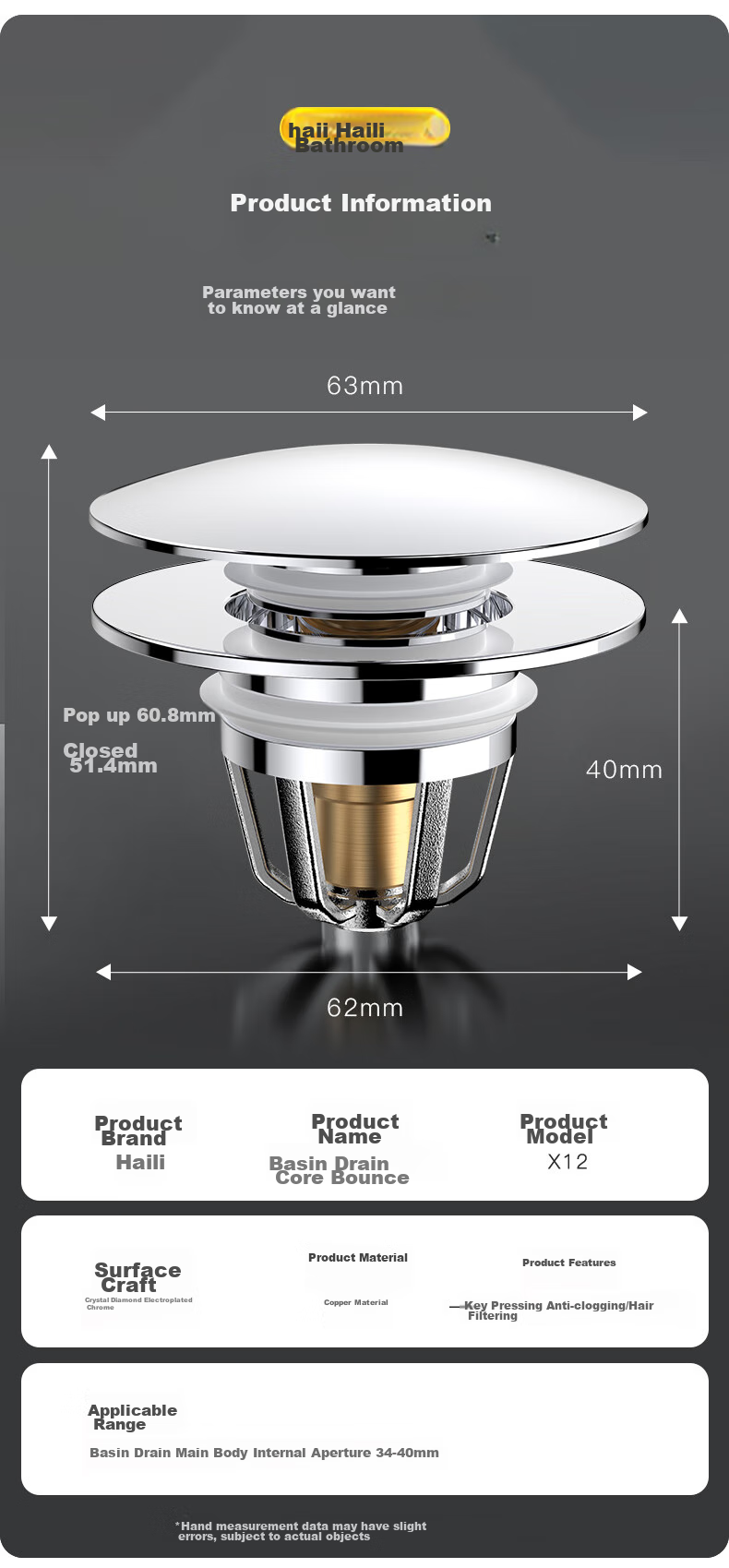 Haili Copper Washbasin Drain Stopper, Bathroom Cabinet Anti-Odor Push-Button Drain, Spring-Loaded Filter Cartridge, Universal X12 13