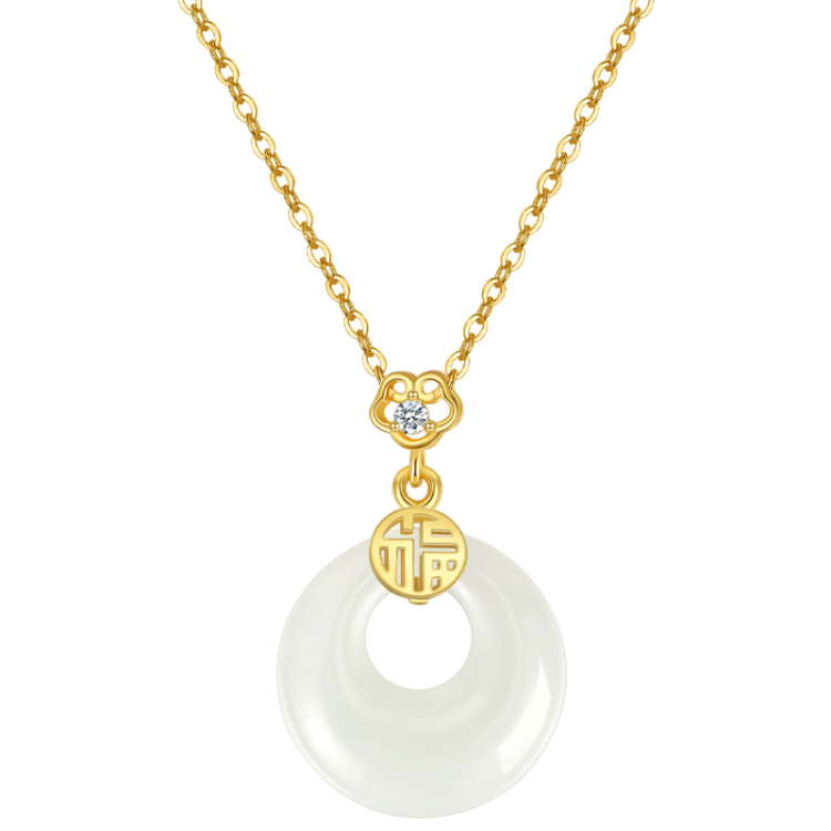 Zhenshangyin China Gold Peace Buckle Silver Necklace for Women, Hetian Jade 2026 New Mid-Autumn Festival Birthday Gift for Girlfriend with Zirco