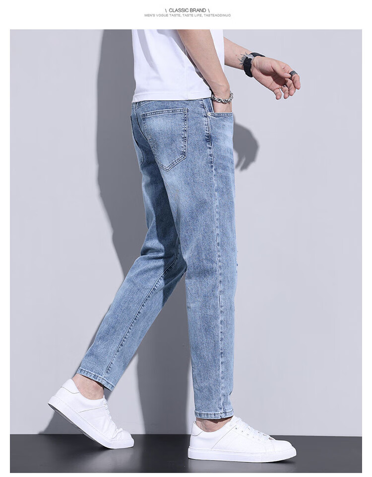 Zengzhi 2026 Summer Lightweight Cropped Jeans for Men, Youth Ripped Casual Slim-Fit Skinny Stretch Ice Silk Pants 2