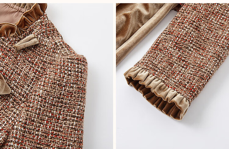 DME Winter Elegant Little Chanel Style Wool Blend Faux Two-Piece Ribbon Collar Ruffle Edge Dress Brown Red XL 7