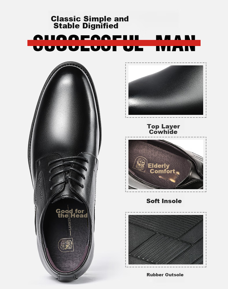 LAORENTOU Men's Leather Shoes, Business Formal Shoes, Top-Grain Leather, Breathable, Wear-Resistant, Non-Slip, Dad Shoes, 160208 Black, Size 38 6