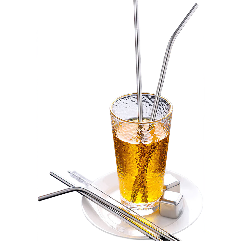 Baijie 304 Stainless Steel Straws, Reusable Eco-Friendly Artistic Metal Bent Creative Milk Tea Thick Long Straws Set