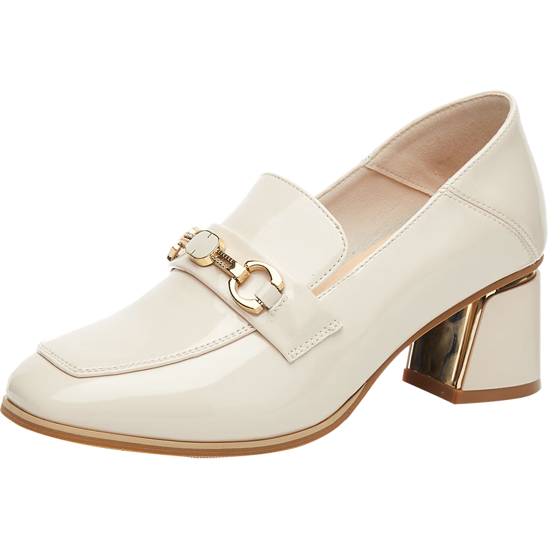 DAPHNE Women's Formal Leather Shoes, British Style Chunky High Heels, Work Business Commute Loafers, Beige, Size 39