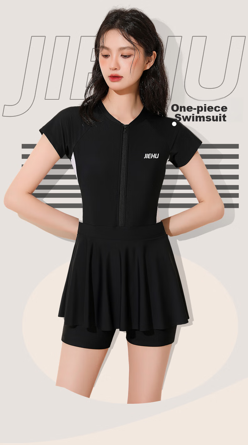Jiehu One-Piece Swimsuit Dress for Women, Conservative Swimwear for Hot Springs And Swimming, Tummy Control Slimming Chlorine-Resistant Quick-Dry Swimsuit, Black And White, Size M 4
