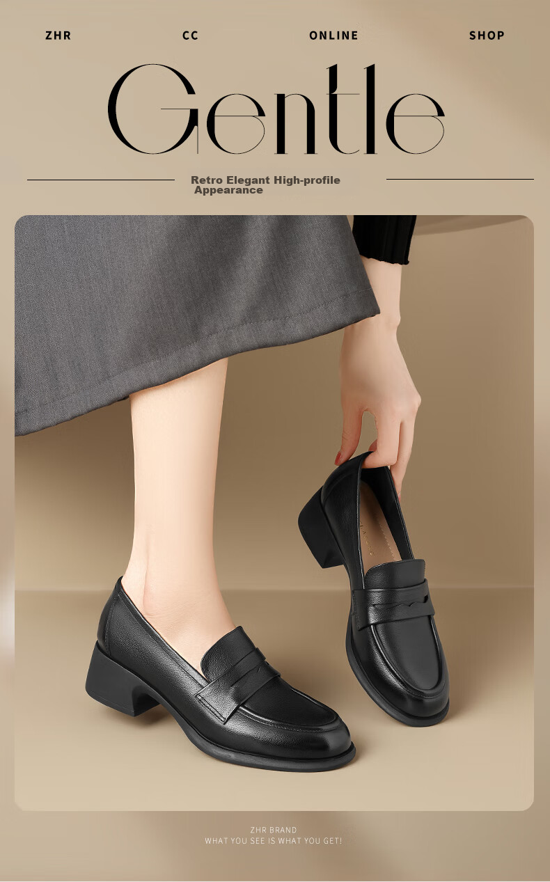 ZHR Top-Grain Leather Loafers for Women with Chunky Heel, Slip-On Soft-Soled Work Shoes for Women KM03 Black Size 37 1