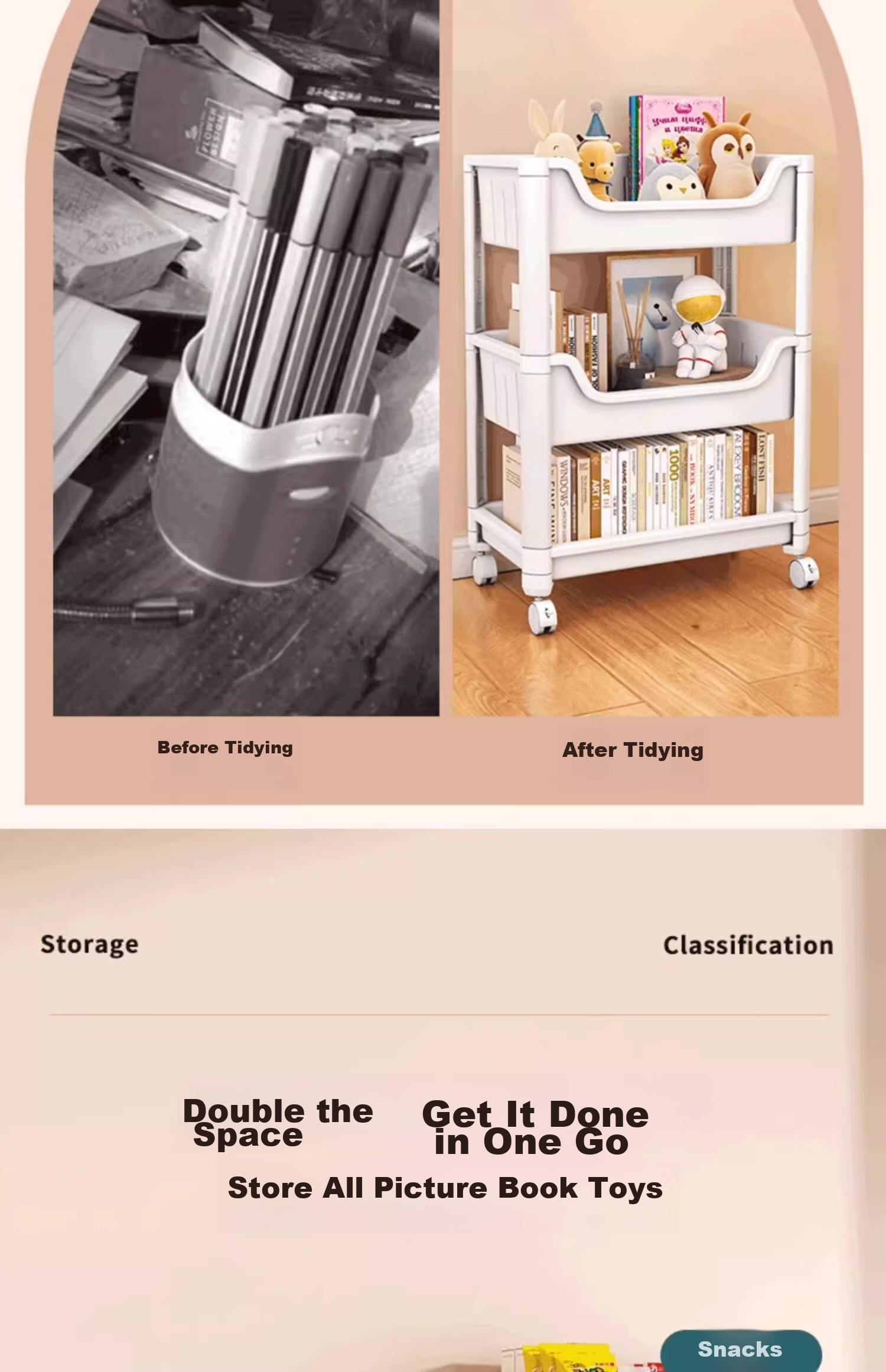 XIAOJIANGCAI Bookshelf Storage Rack, Floor-Standing Home Simple Multi-Layer with Wheels, Toy Storage Cart, 4-Tier Storage Shelf 4