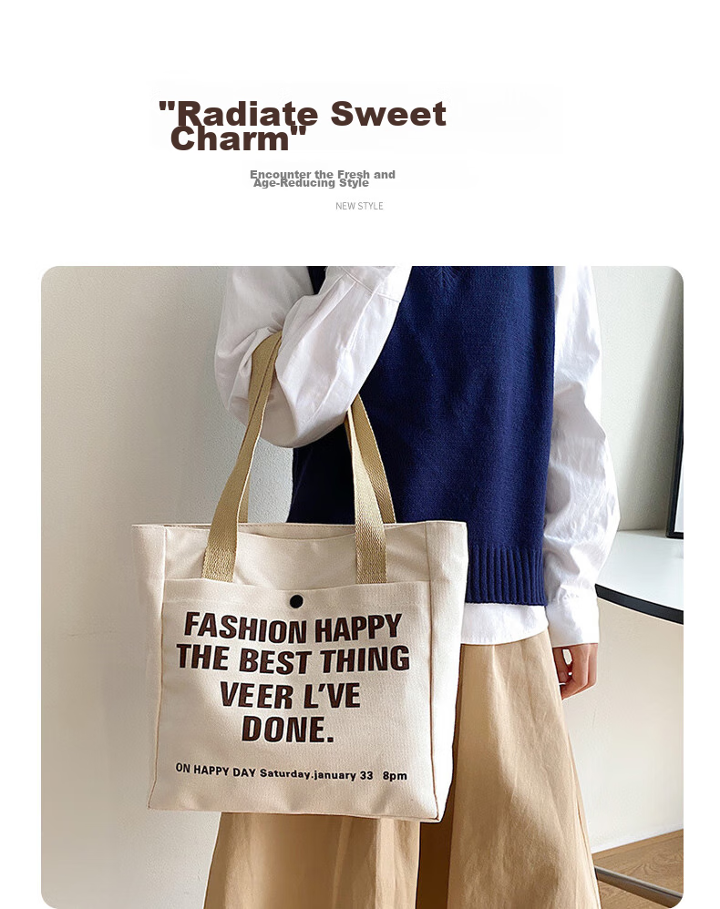 Siwangongli Canvas Bag, Large Capacity, Artistic Style for Women, Shoulder Bag, Fashionable Versatile Commuter Tote Bag with Letter Desig 5
