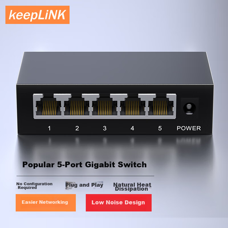 KeepLINK KP-9000 5-Port 100Mbps Switch, 4 Enterprise-Grade Ports for Home And Dormitory Security Monitoring, Network Splitter/Distributor/switch Unit