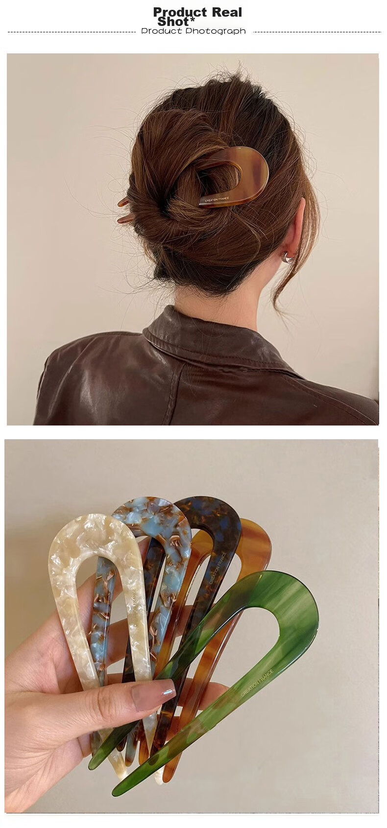 Xiangwan Hairpin, U-Shaped Acetate Hair Fork, Back of Head Bun Holder, Fixed Hair Clip, Comb, Simple Hairpin, Birthday Gift for Wome 2