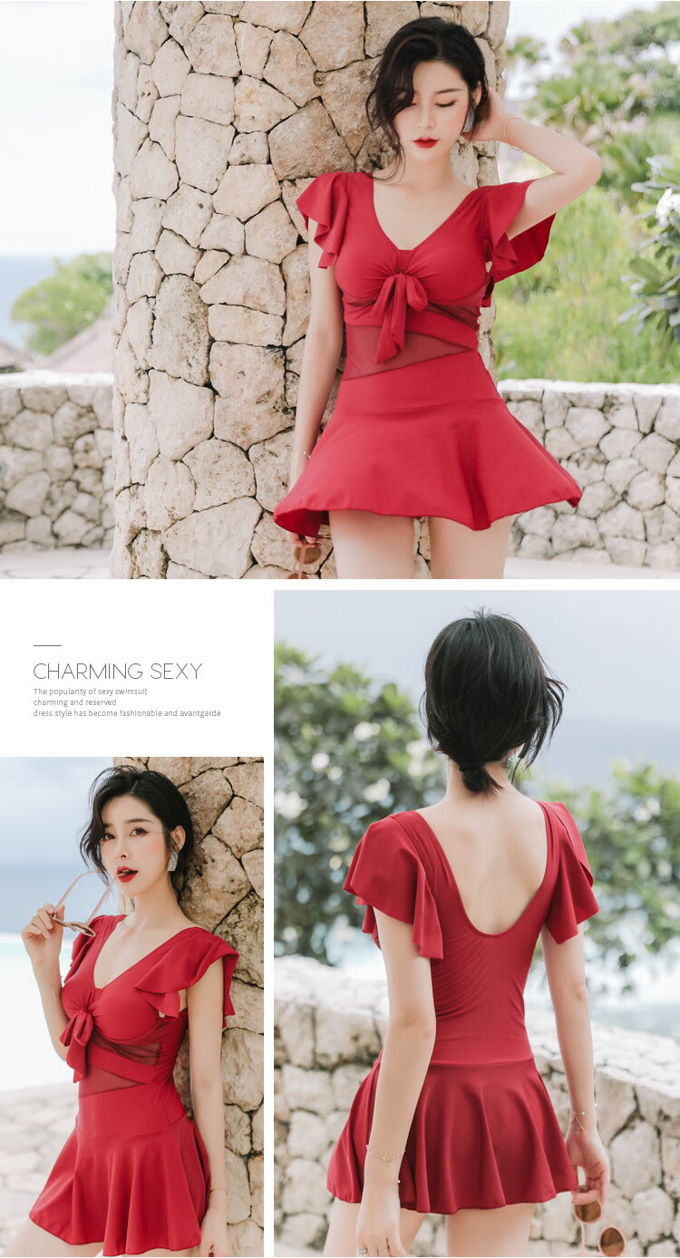 DK Swimsuit for Women, Sexy Push-Up Korean Style One-Piece Dress, Conservative Tummy-Covering Slimming Swimwear for Hot Springs, Red, M 4