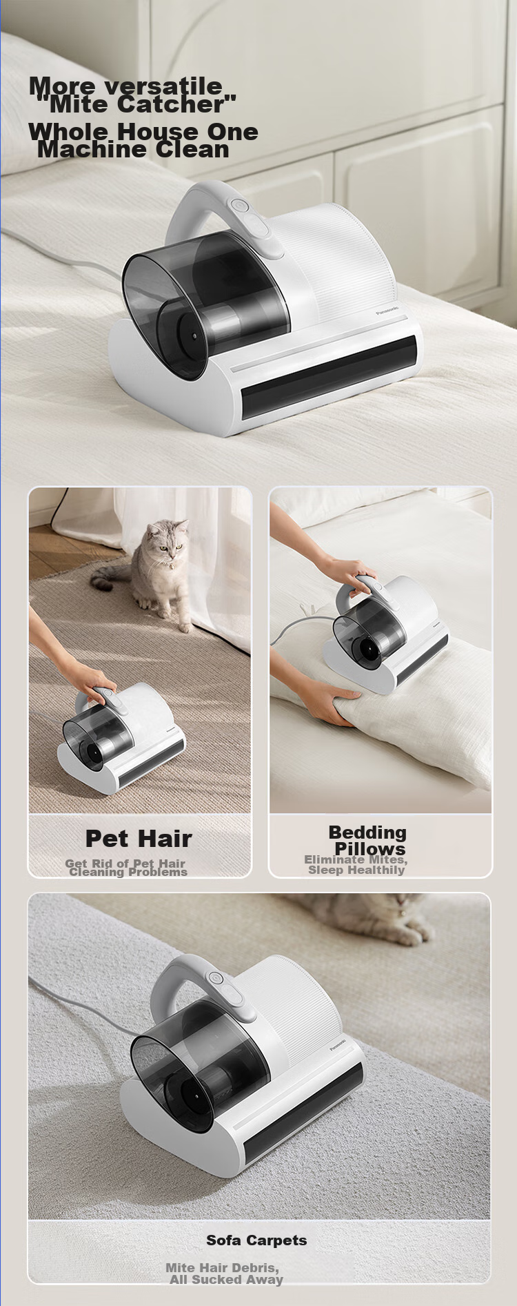 Panasonic [Cleaning Wonder] Ultrasonic Mite Remover, Bed Vacuum Cleaner for Home Use, High Suction Power, UV Sterilization, Hot Air Dehumidification, Dual Roller Brushes, Dual Beating Blades, Dual Cups MC-DC20W 17